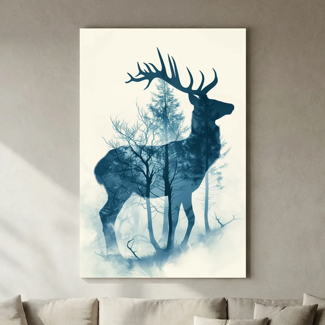 Moody Double Exposure Stag Silhouette - Misty Forest Wildlife Wall Art