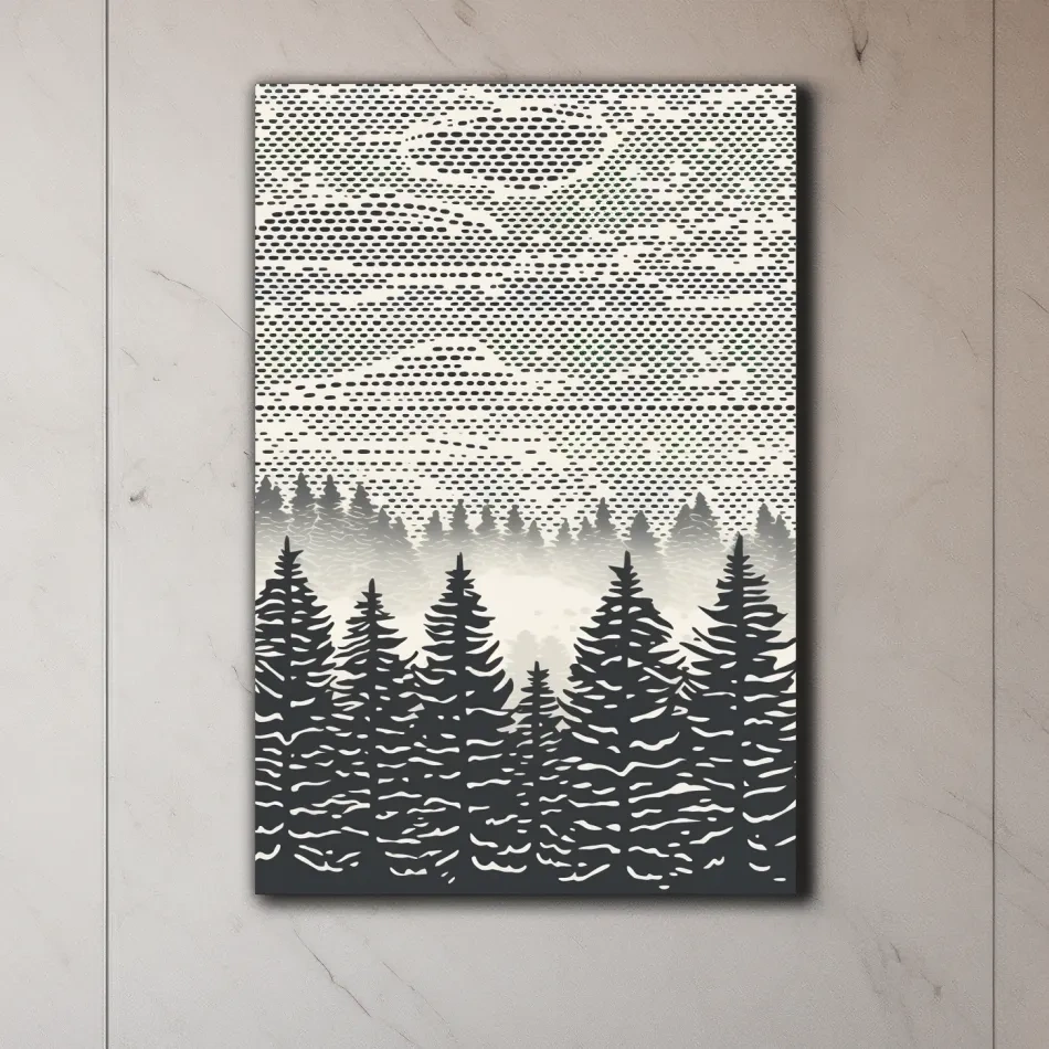 Black & white forest illustration art, dot pattern linocut style