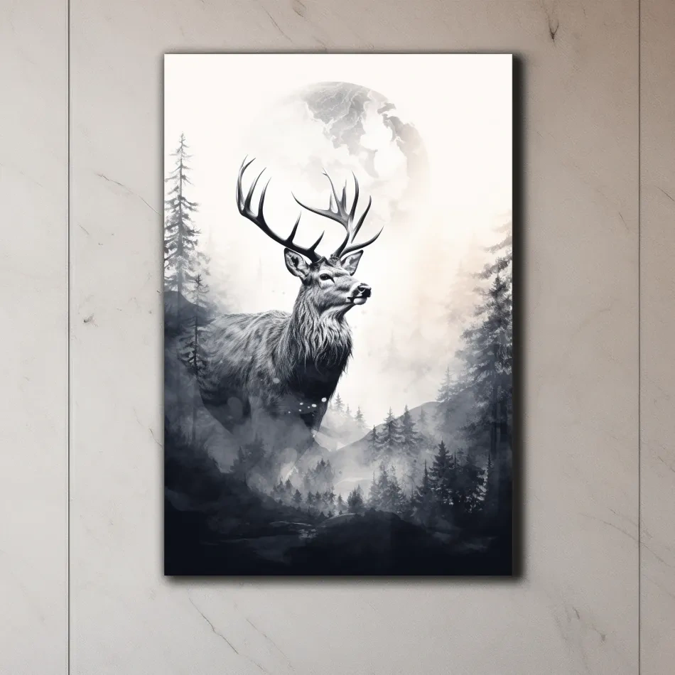 Deer and forest artwork drawing, double exposure style