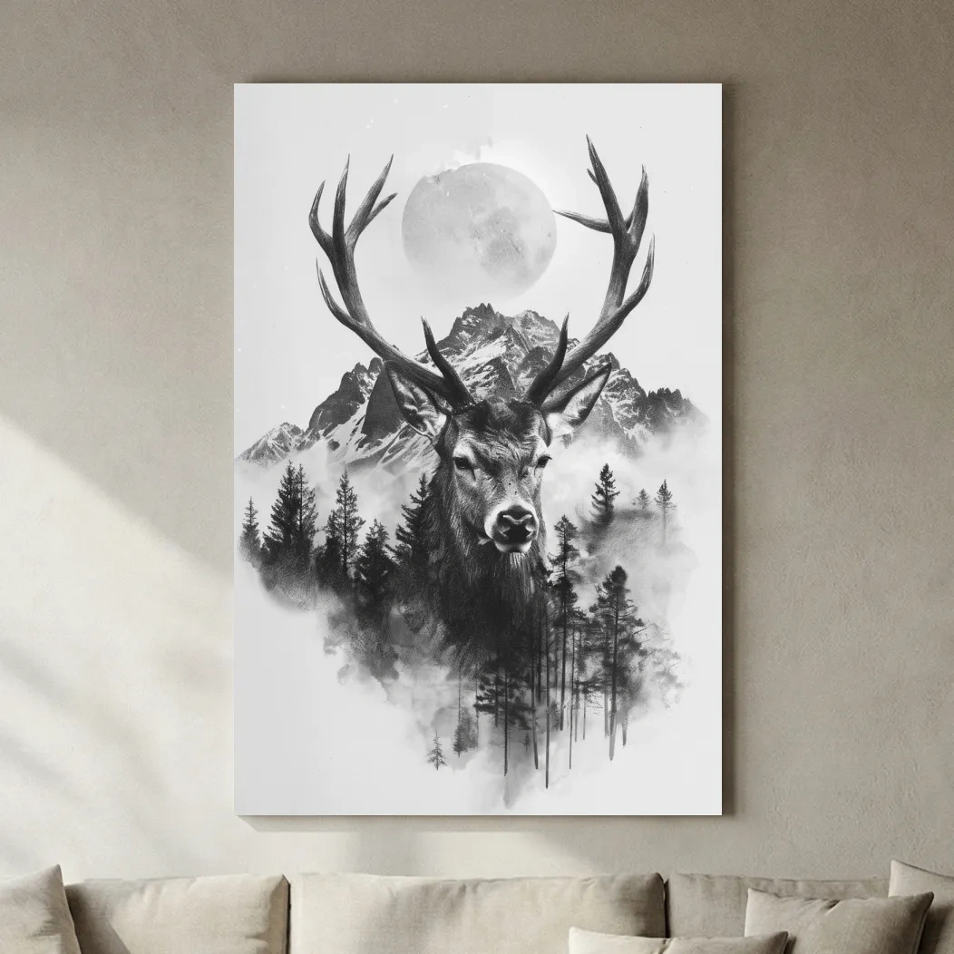 Monochrome Stag Glacier Moon Drawing - Double Exposure Wildlife Wall Art