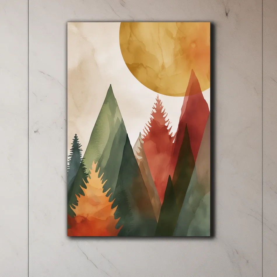 Trees and mountains under the sun, rustic boho watercolour print