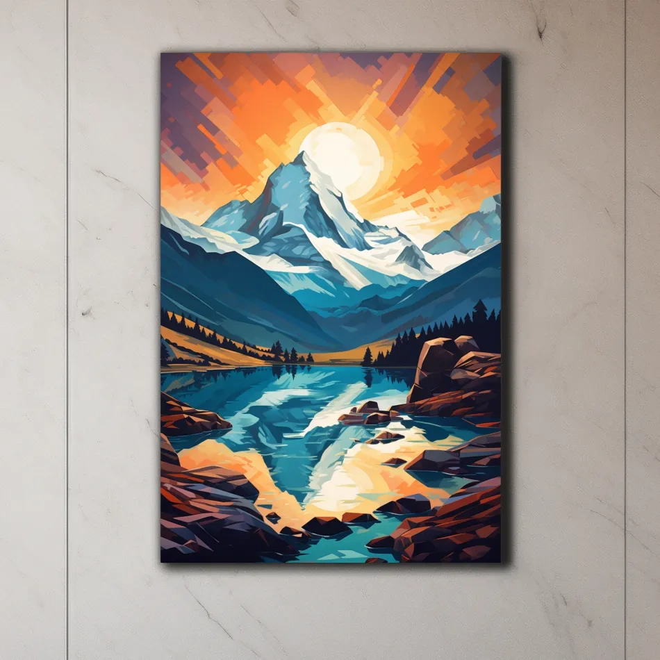 Sunset over the alpine glaciers, vector mountain art