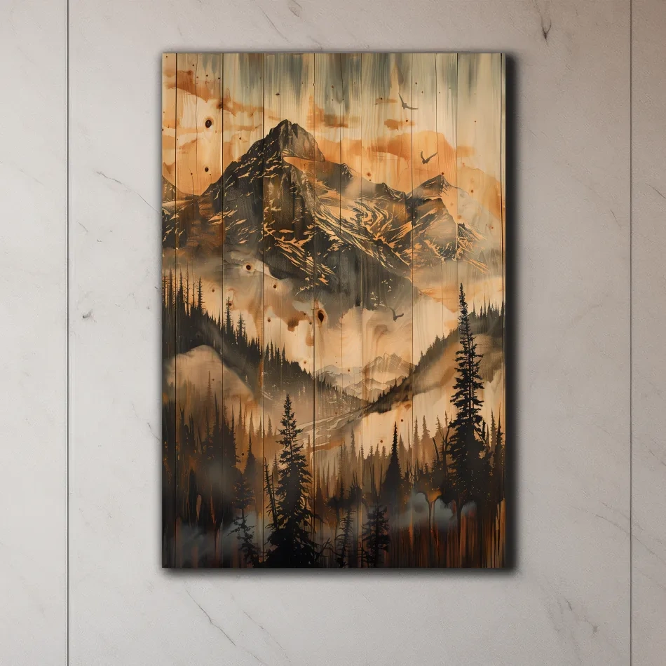 Mountain range wall art, wood panel effect, rustic cabin art, wood burning style