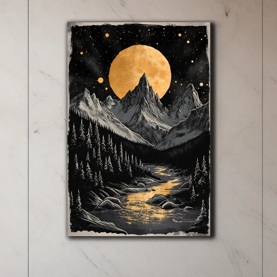 Moonlit alpine scene, dramatic glacier and moon artwork