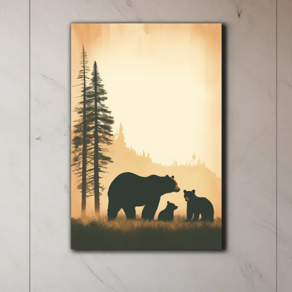 Bear Family Forest Silhouette Illustration - Minimalist Wildlife Artwork