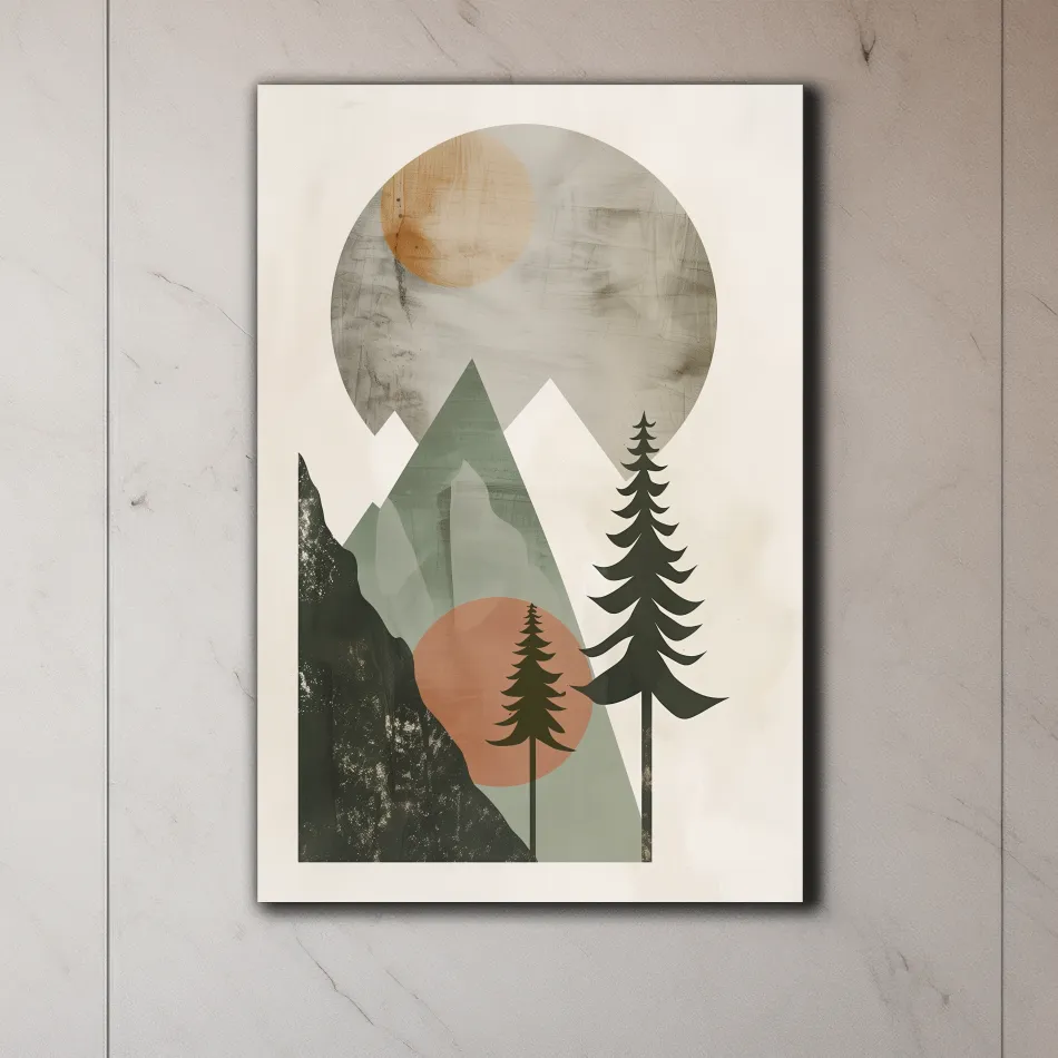 Scandinavian style artwork, mountains and trees under the sun