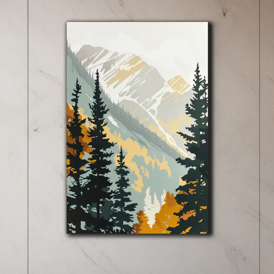 Scandinavian style minimal artwork, mountains through the forest