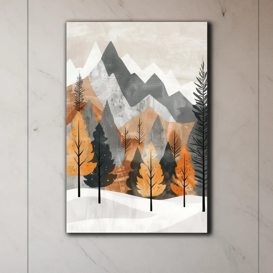 Scandinavian Autumn Mountain Forest Landscape - Minimalist Alpine Wall Art