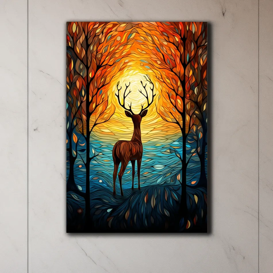 Glowing Autumn Forest Deer Silhouette - Vibrant Stained Glass Style Wall Art