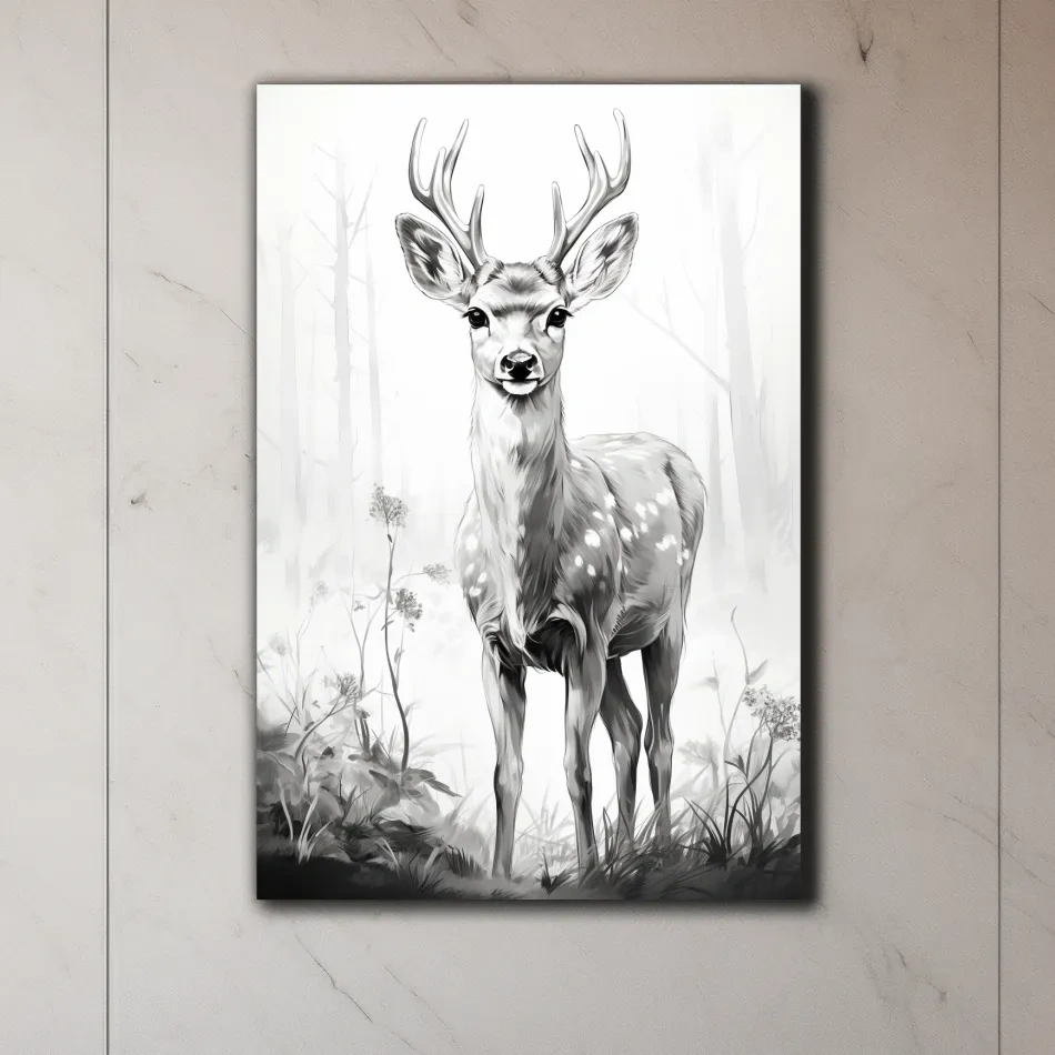 Black and white drawing artwork of a fallow deer