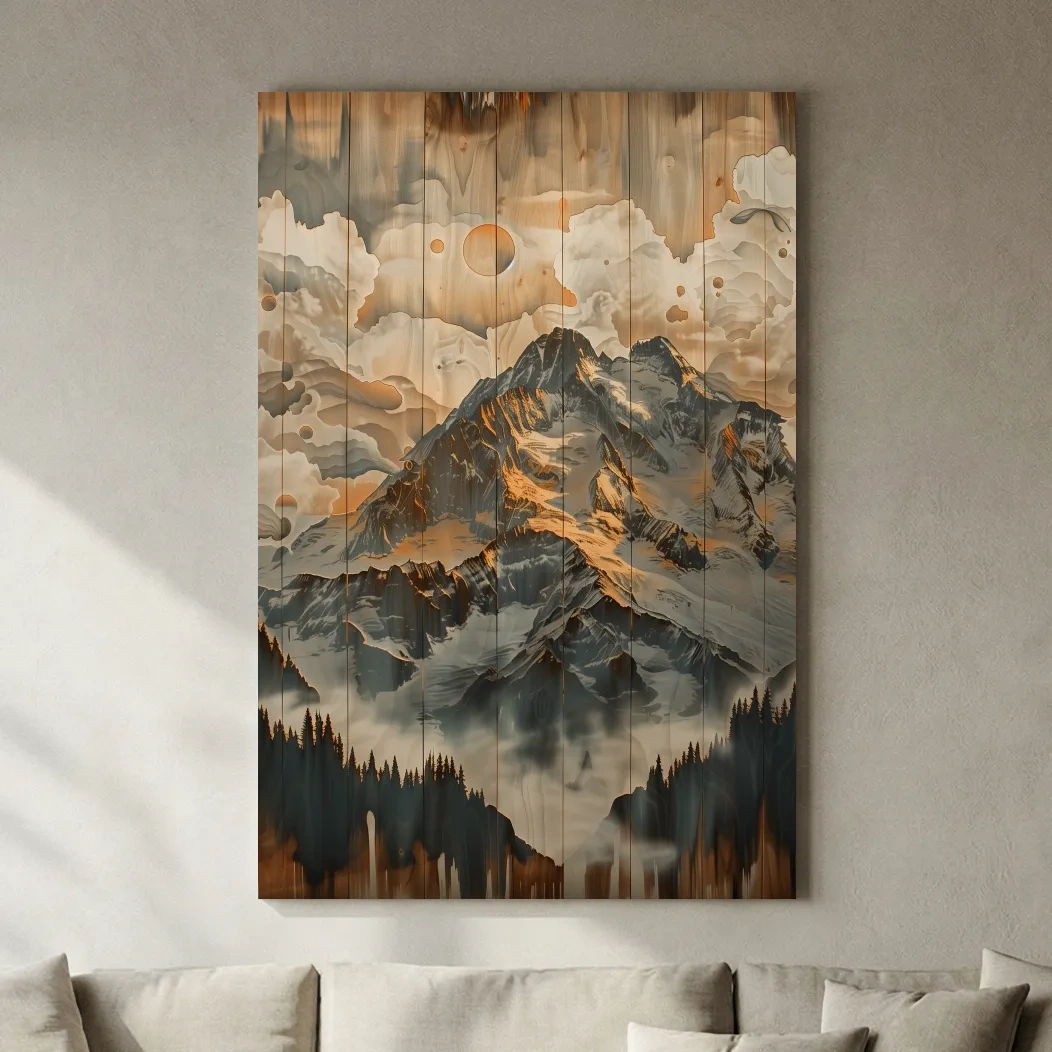 Rustic Glacier Mountain Range Artwork - Vintage Wood Grain Alpine Wall Art