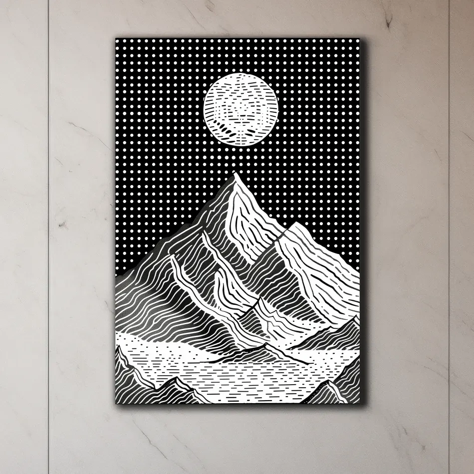 Glacier under the night sky, optical illusion linocut style mountain art