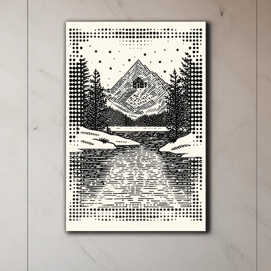 Alpine cabin artwork, linocut style optical illusion art