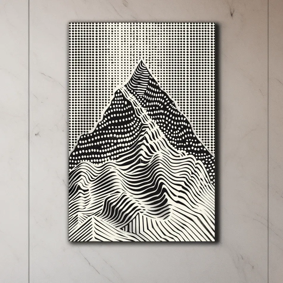 Mountain artwork, linocut style optical illusion art