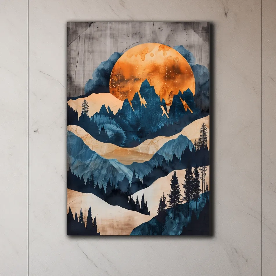 Abstract mountain and forest artwork at sunset, mixed media watercolor style art