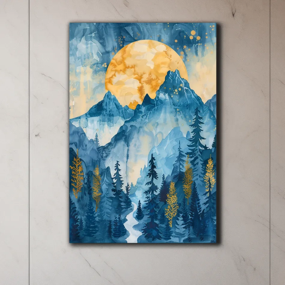 Alpine Sunset Watercolor Painting - Mountain Forest Landscape Wall Art