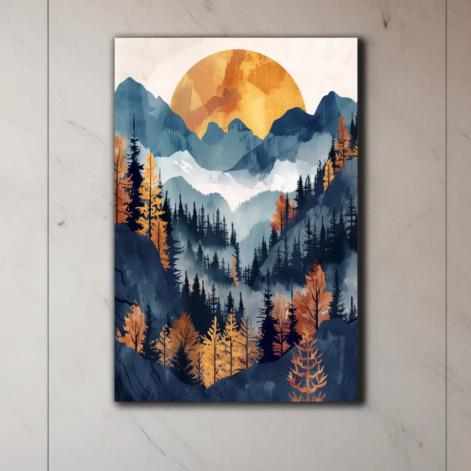 Foggy forest artwork, sunset over the mountains, textured watercolor style painting