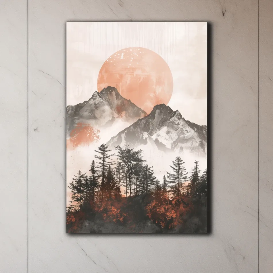 Japandi Mountain Sunrise With Pine Forest - Minimalist Watercolor Landscape Art