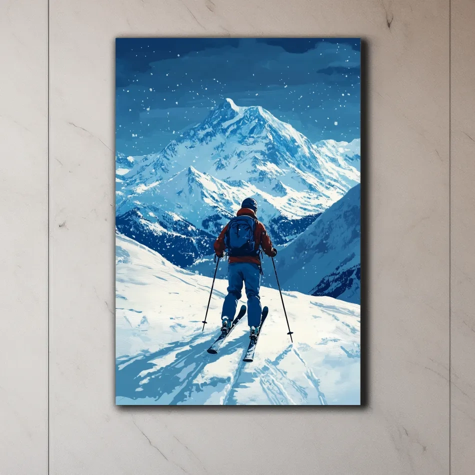 Painting of a backcountry skier in the snow, ski wall art
