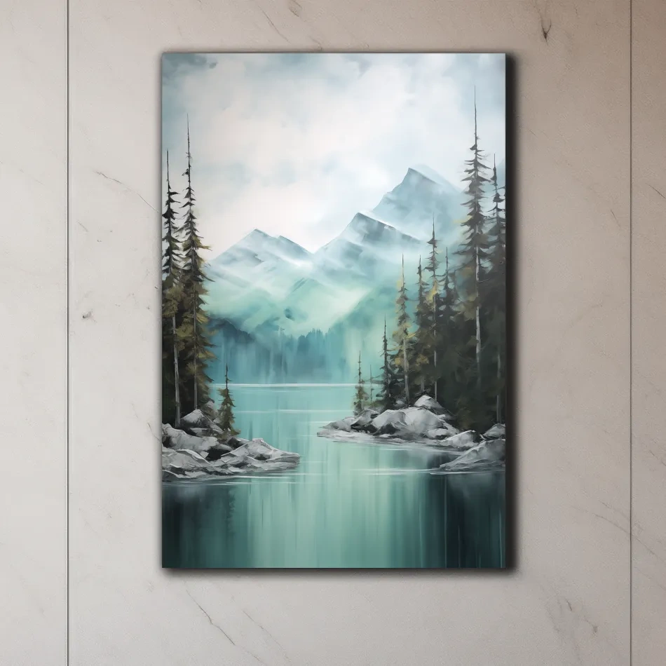Painting of a turquoise lake in the alpine