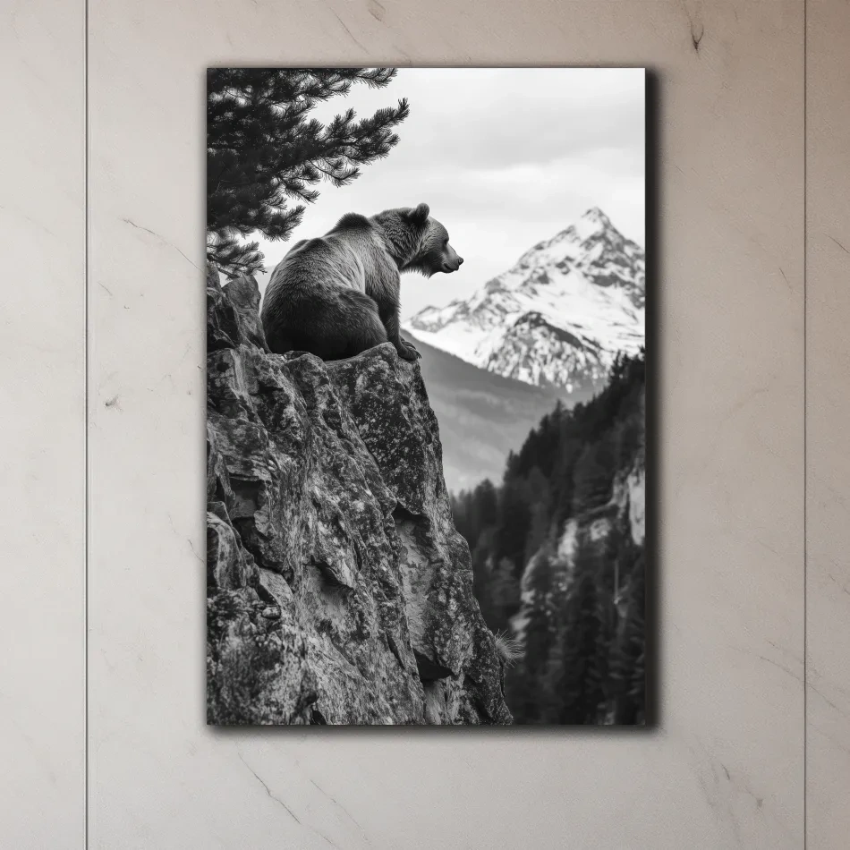 Grizzly bear taking in a mountain view, photographic wildlife wall art