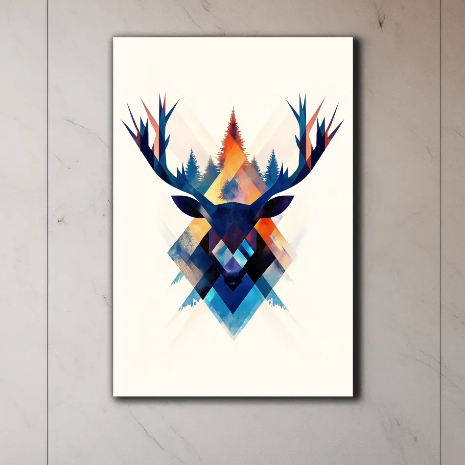 Geometric deer head wall art, colorful abstract tribal style artwork