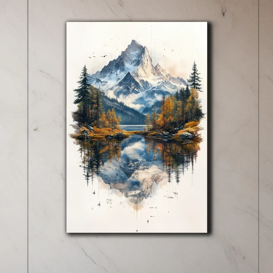 Alpine lake painting, tattoo inspired mountain glacier wall art