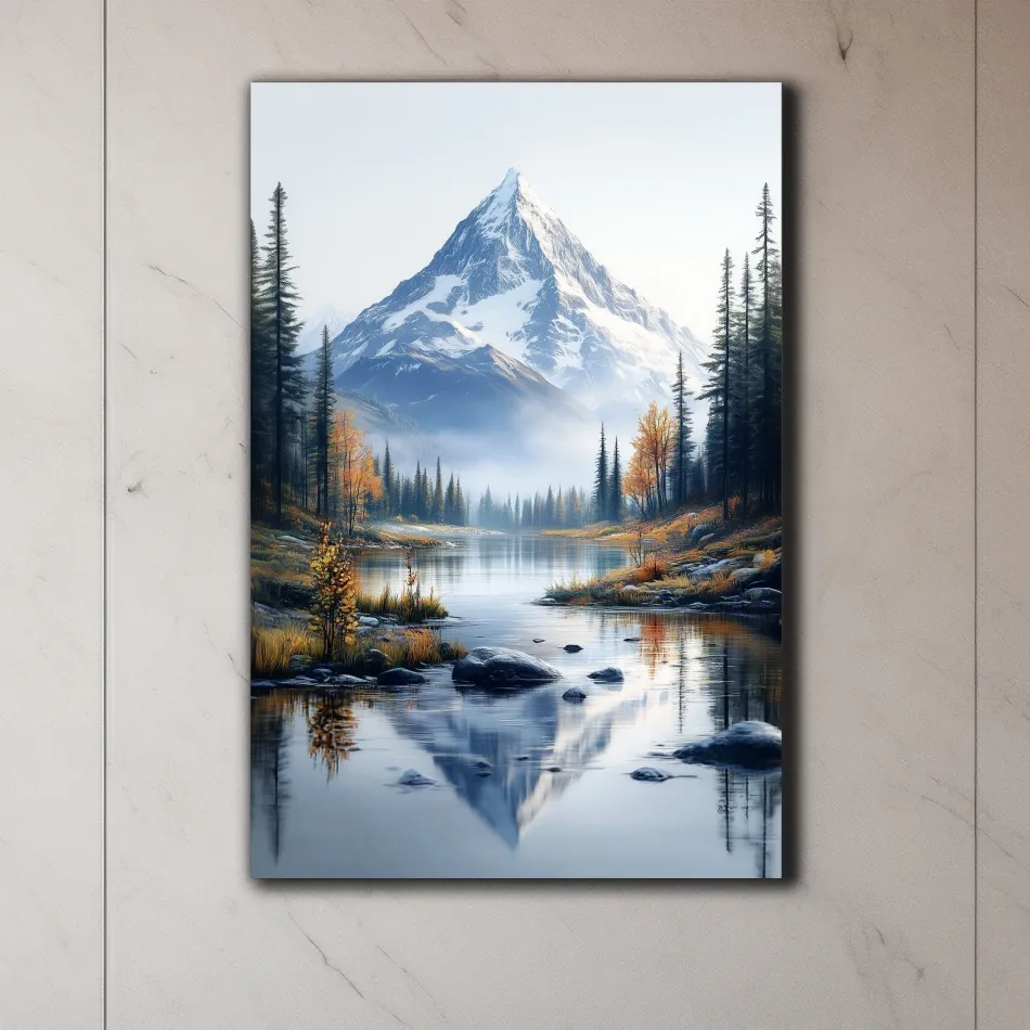 Lake beneath a glacier in the alpine meadows in fall, mountain wall art