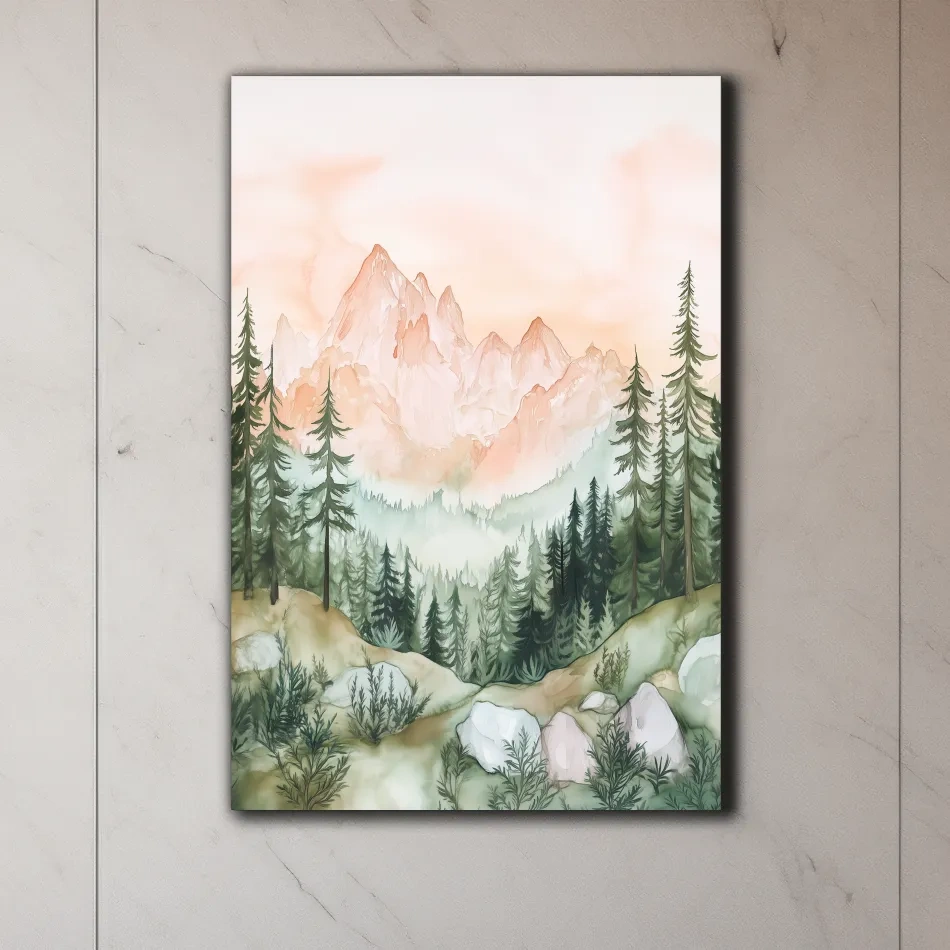Alpine mountain forest watercolour painting wall art, pastel colors