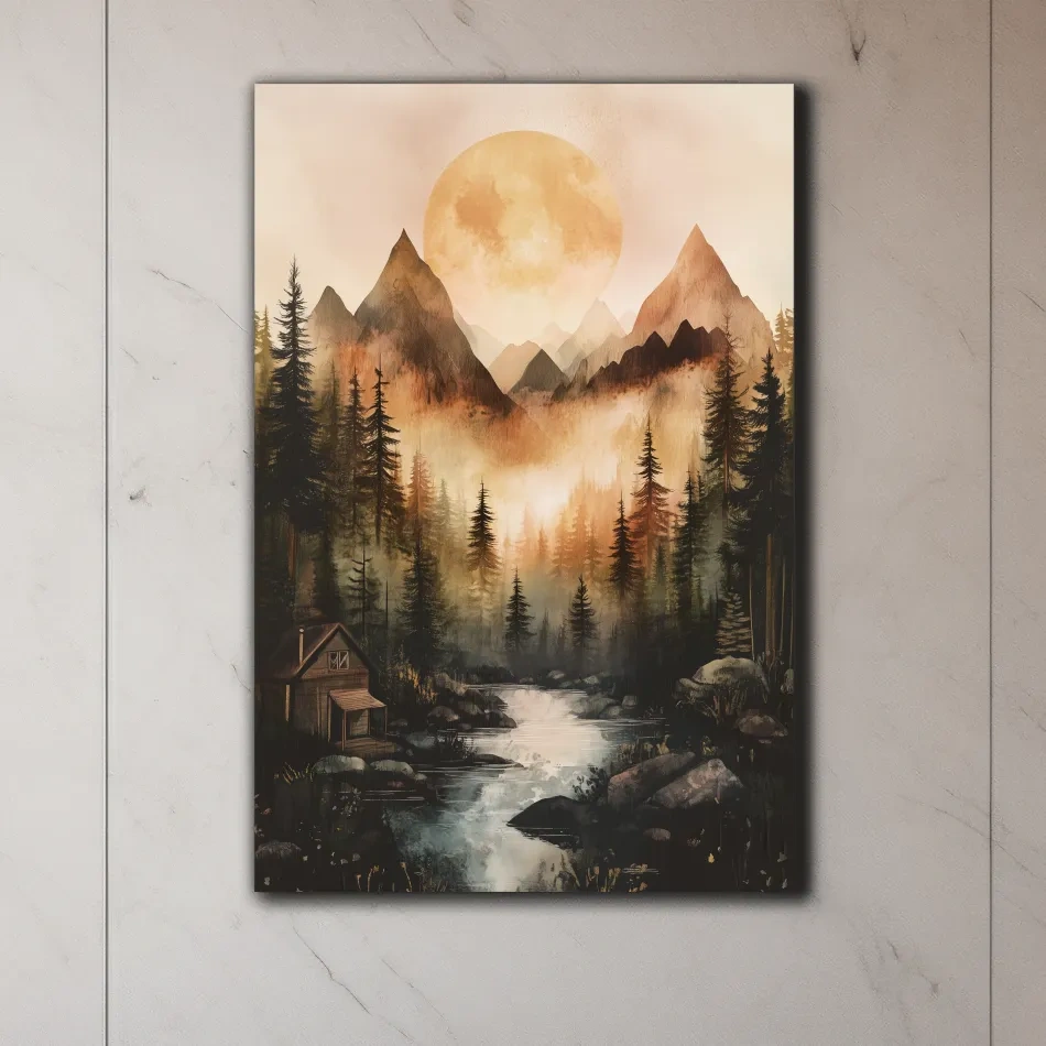 Misty Mountain River Cabin Watercolor - Rustic Forest Wall Art