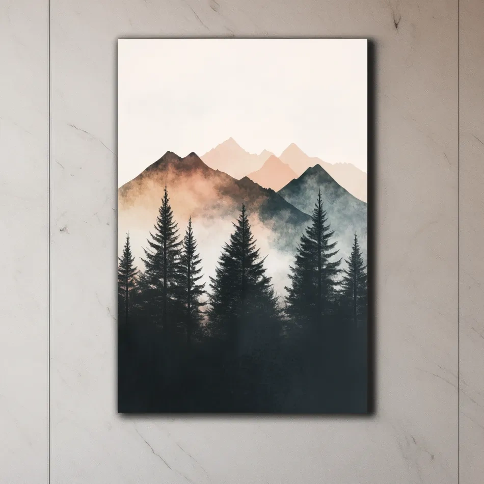 Misty Watercolor Mountain Pine Forest - Serene Nordic Wall Art