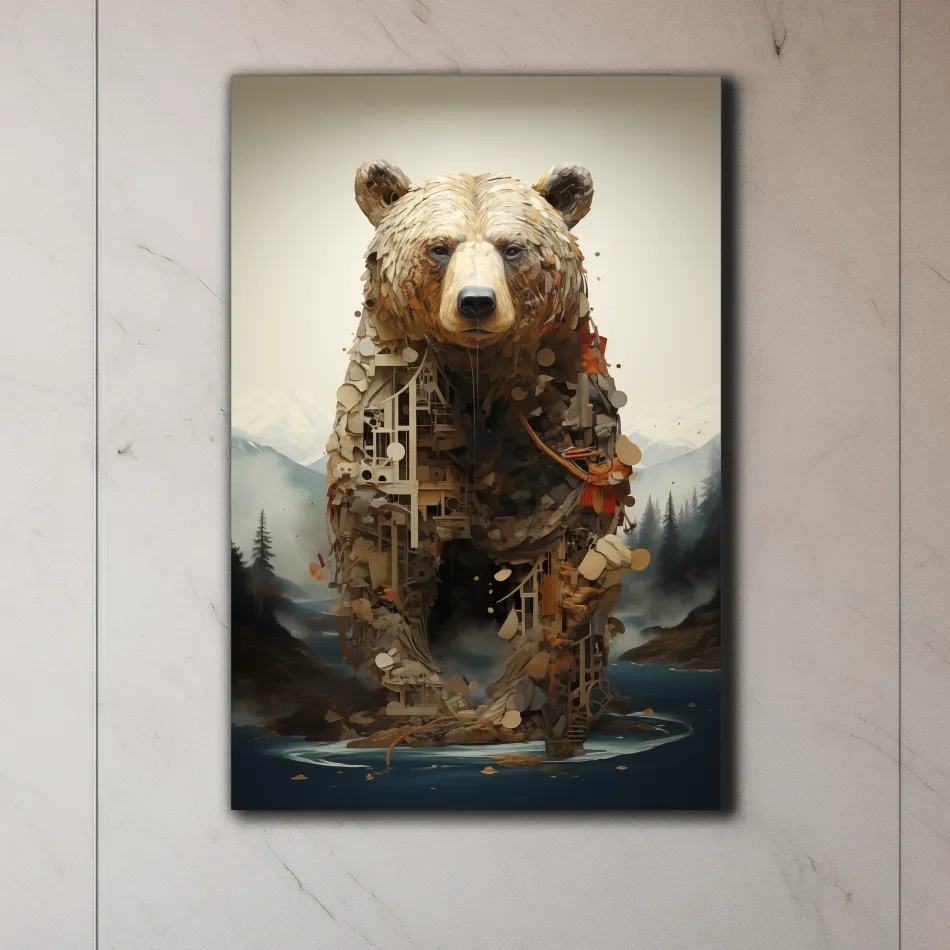 Surreal Grizzly Bear Collage Illustration - MC Escher Style Wildlife Wall Art
