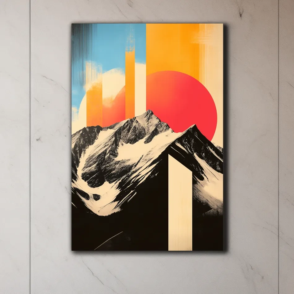 Retro Snowcapped Mountain Sunset Collage - Modern Geometric Landscape Wall Art