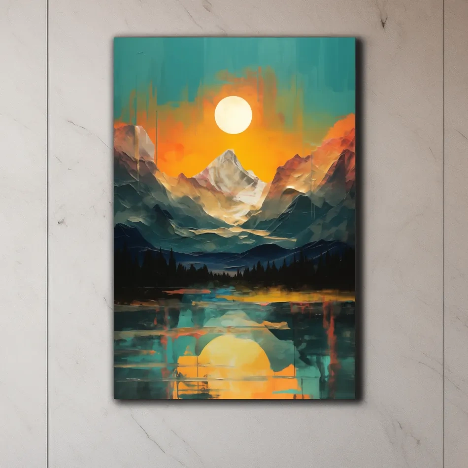 Oil painting artwork print of a mountain scene at sunset