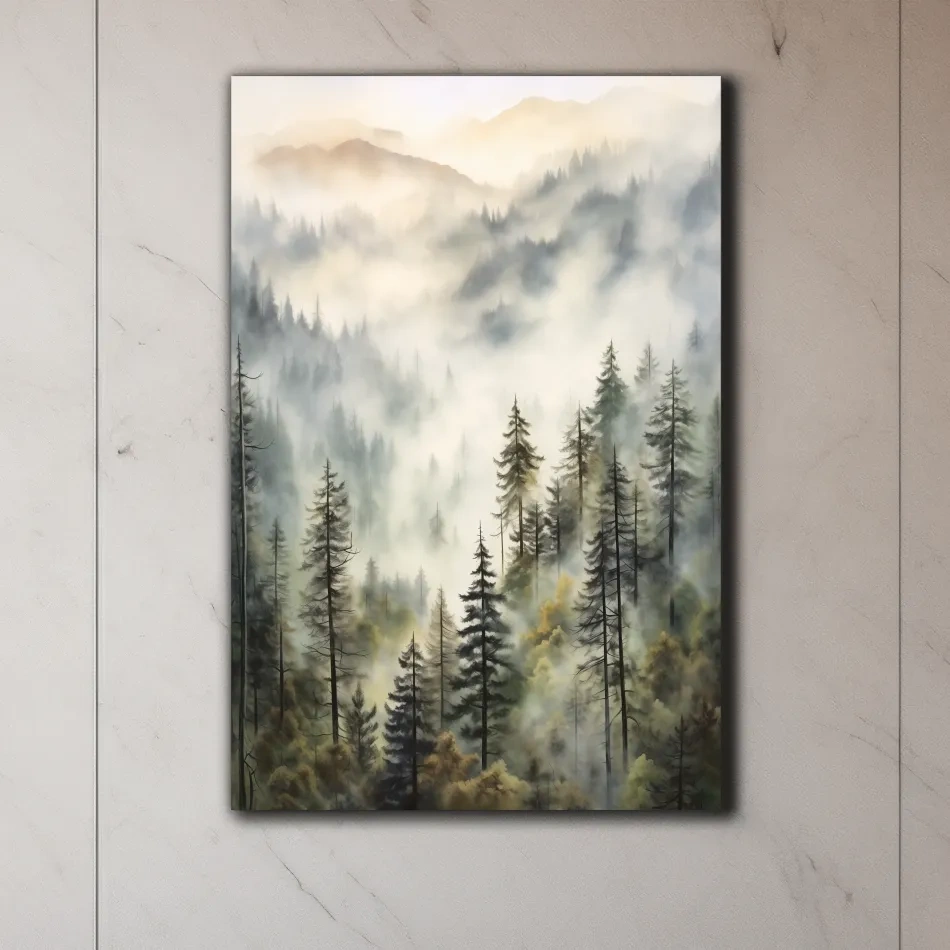 Painting of fog rolling through mountains and trees