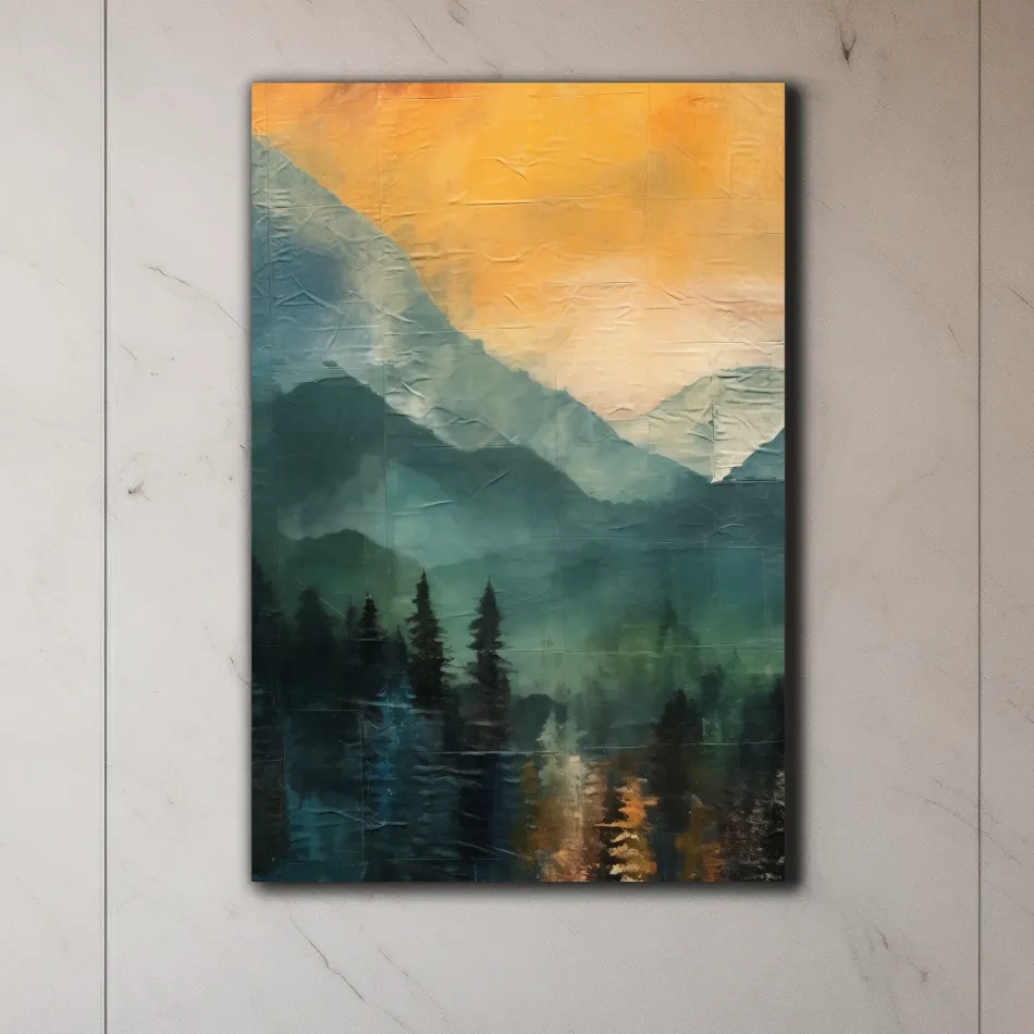 Rustic textured style art, mountains at sunset