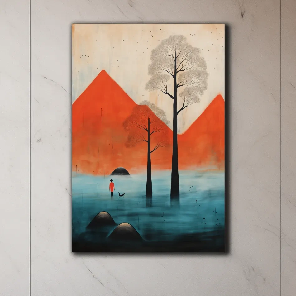 Surreal mountain artwork,rustic textured painting effect, dreamlike landscape wall art