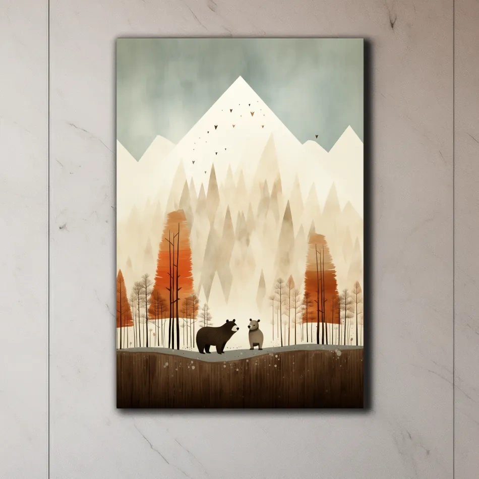 Bears in the forest in autumn, quirky childrens art illustration