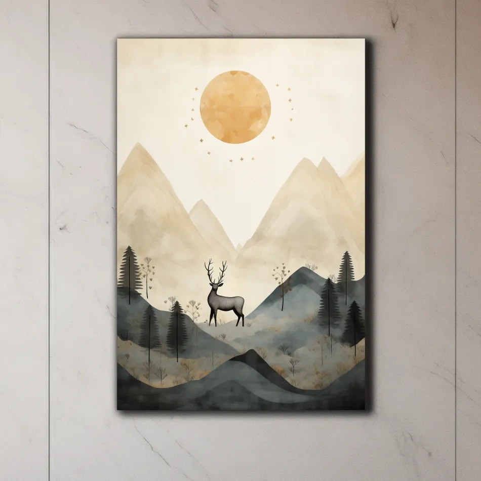 Deer standing in the forest under the night sky, quirky illustration art