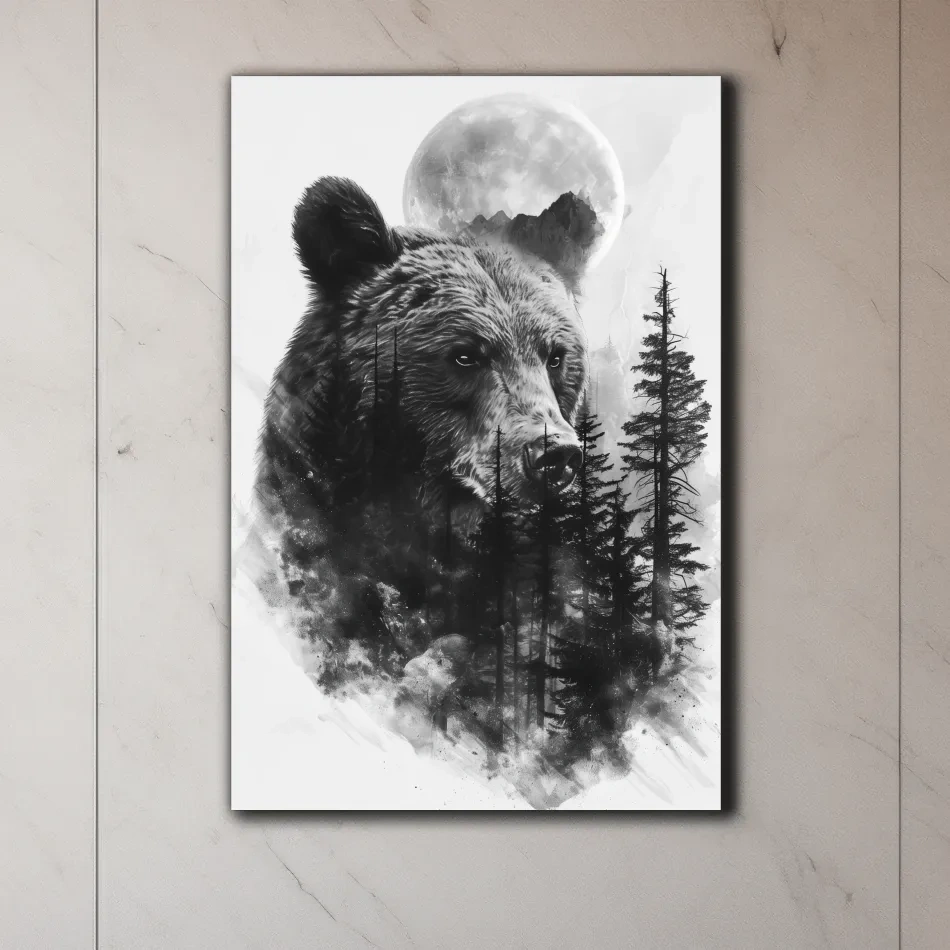 Drawing artwork of a bear, forest and moon, double exposure charcoal drawing style