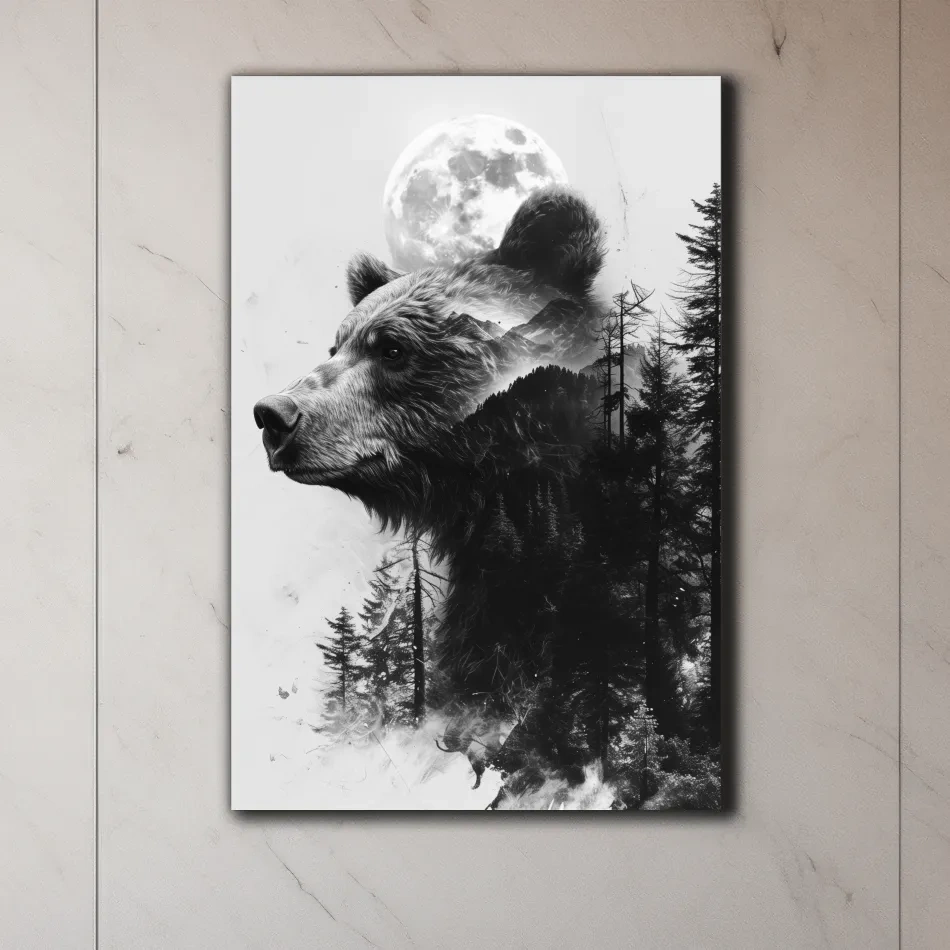 Double exposure style drawing artwork of a bear, forest, glacier and moon