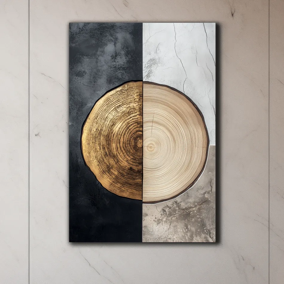 Rustic bohemian style tree ring artwork, split texture wood wall art