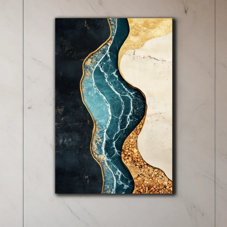 Fluid elegant artwork, blue marble river flowing through textured earth tones