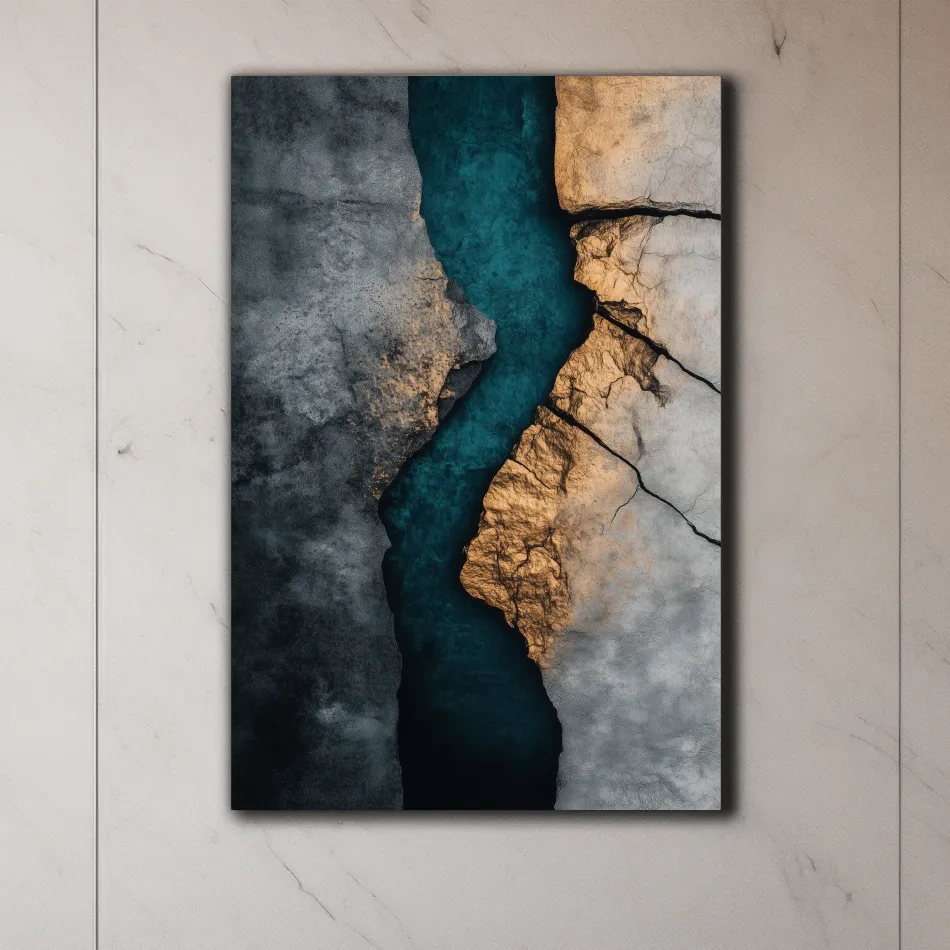 Cracked stone and turquoise abstract wall art, natural geological textured artwork