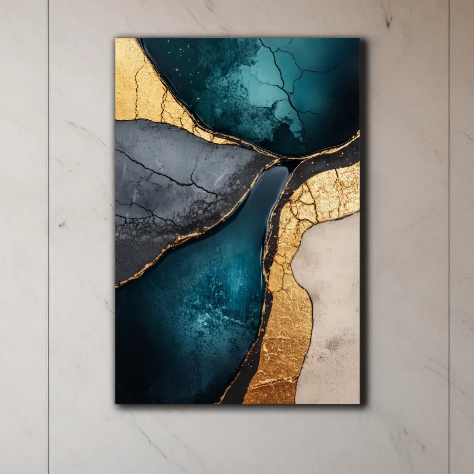 Elegant wall art, gold and teal cracked natural texture elements