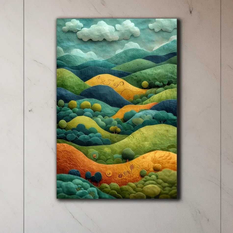 3D Layered Paper Cut Style Mountain Artwork - Whimsical Surreal Landscape Wall Art