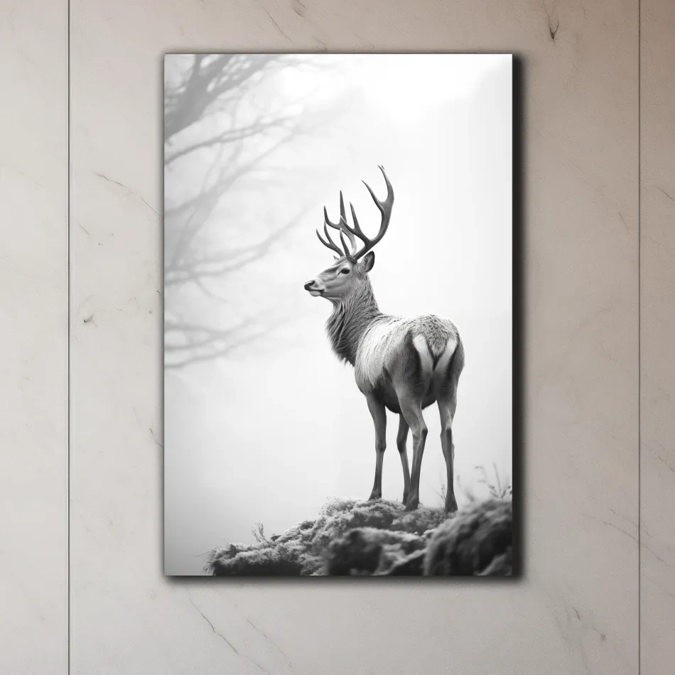 Black and white photograph of a majestic deer on a winter morning, serene wildlife artwork