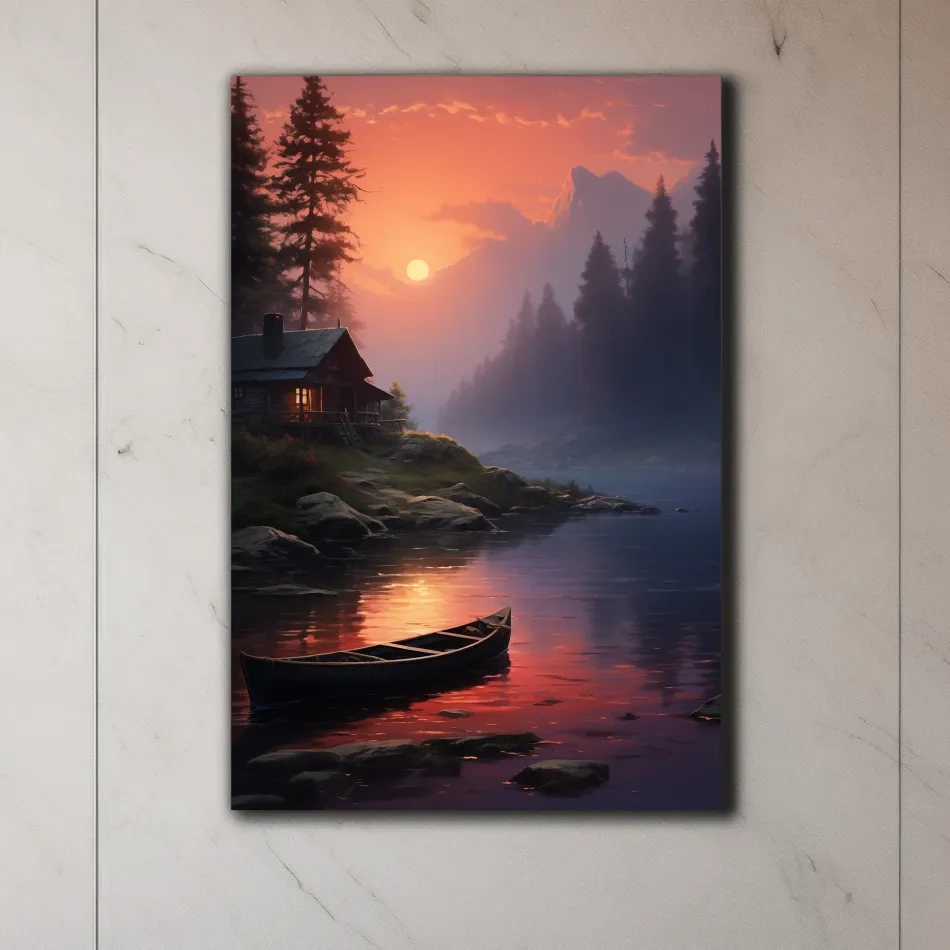 Beautiful painting of a cabin on a misty lake at sunset