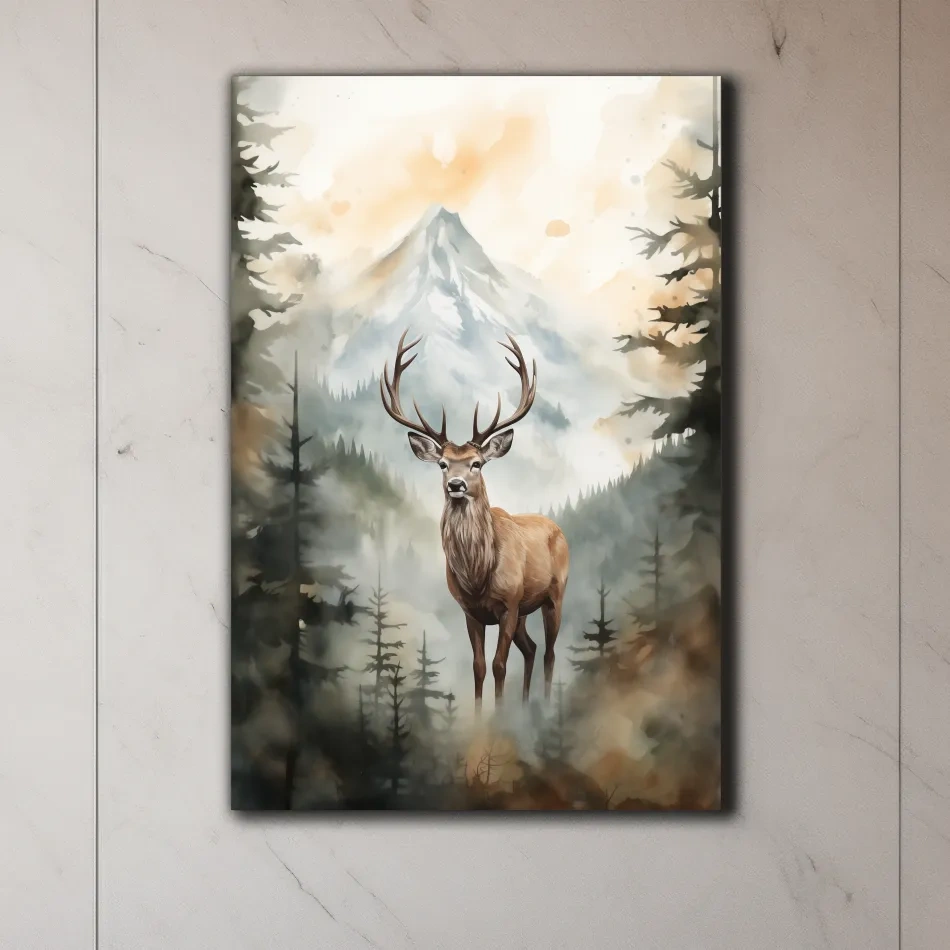 Watercolour painting of a deer standing in a misty forest