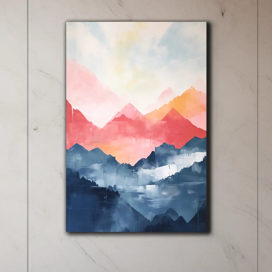 Colorful abstract mountain wall art, vibrant watercolor style painting
